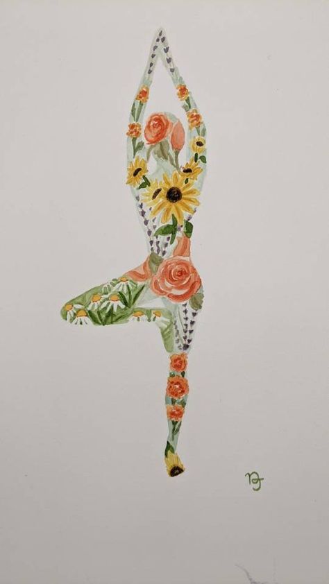 9x12 original watercolor of spring garden flowers and plants in a yoga tree pose silhouette. Painted with qor paint on cold press paper. Yoga Art Painting, Yoga Silhouette, Yoga Flowers, Mundo Hippie, Yoga Tree Pose, Yoga Painting, Yoga Kunst, Yoga Drawing, Yoga Tree