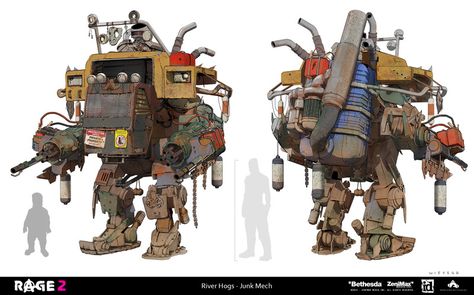 ArtStation - Rage 2 - River Hogs (Junk Mech), Thomas Wievegg Junk Mech Concept Art, Lancer Rpg, Robot Design Sketch, Apocalypse World, Apocalypse Art, 3d Mockup, Mech Suit, Post Apocalypse, Thanks To Everyone