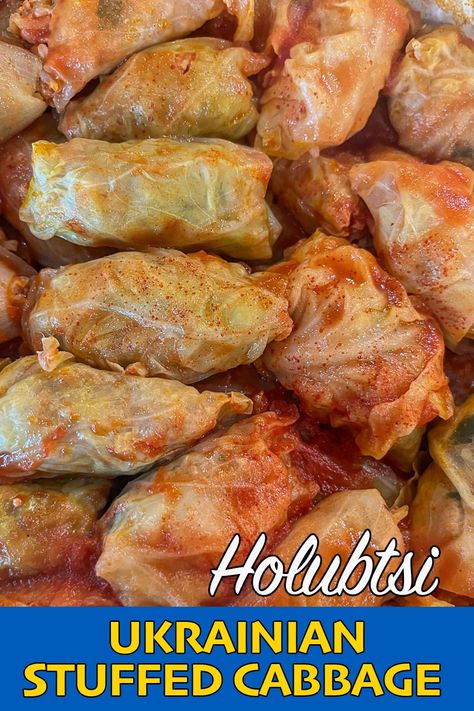 This Ukrainian Stuffed Cabbage dish is called Holubtsi. Tender cabbage rolls are stuffed with seasoned ground beef or pork, rice, and onions. Holubtsi is served with sour cream. #urkainianstuffedcabbage #holubtsi #stuffedcabbage #cabbagerolls #hidaskitchenblog Jewish Cabbage Rolls, Jewish Sweet And Sour Stuffed Cabbage Rolls, Stuffed Cabbage Recipes Polish, Stuffed Cabbage Rolls Tomato Soup, Cabbage Rolls With Sour Cabbage, Bacon Cabbage Rolls, Russian Stuffed Cabbage Rolls, Authentic Stuffed Cabbage Rolls, Authentic Polish Cabbage Rolls Recipe