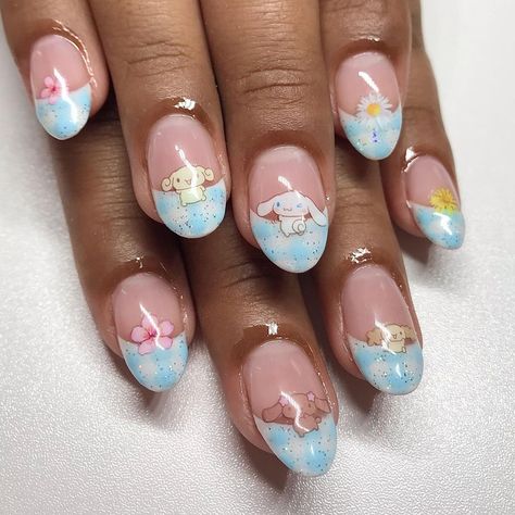 Cinnamoroll Nails Short, Cinnamon Roll Sanrio Nails, Cinnamoroll Nail Art, Cinnamon Roll Nails, Alice Nails, Little Mermaid Nail Art, Cinnamoroll Nails, Sanrio Nail Art, Cinnamon Nails