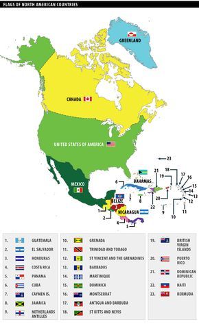 Flags of North American Countries… 11 of them are Latino… 10 of them Hispanic… And ironically enough… The first and second largest Spanish-speaking countries in the world are located here… Mexico in first place and the United States (which ISN'T one of the 10 Hispanic countries) is in second place… U.S. Latino love!!! World Geography Map, Hispanic Countries, World Country Flags, Geography Worksheets, Countries And Flags, Homeschool Geography, Country Facts, North America Map, Geography Map