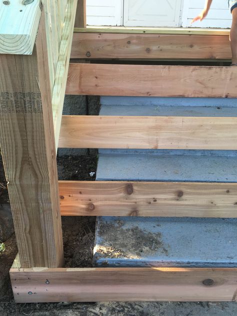 how to wrap front porch concrete stairs with wood Cover Concrete Steps, Concrete Stairs Outdoor, Deck Over Concrete, Concrete Front Steps, Stairs Outdoor, Cement Steps, Concrete Front Porch, Front Porch Steps, Porch Stairs