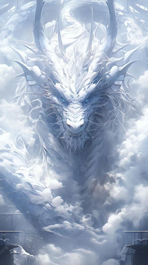 White Chinese Dragon Fantasy Art, Sky Dragon Art, Cool Dragon Wallpaper, White Dragon Fantasy Art, Dragon Face Art, White Dragon Aesthetic, White Dragon Wallpaper, Ice Dragon Art, Fantasy Dragon Illustration