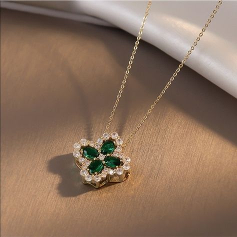 Clover Green Crystal Pendant 18k Plated Stainless Steel Necklace Shamrock Necklace, Red Flower Necklace, Green Clover, Four Leaf Clover Necklace, Rhinestone Statement Necklace, Asian Countries, Red Pendants, Lucky Green, Long Silver Necklace