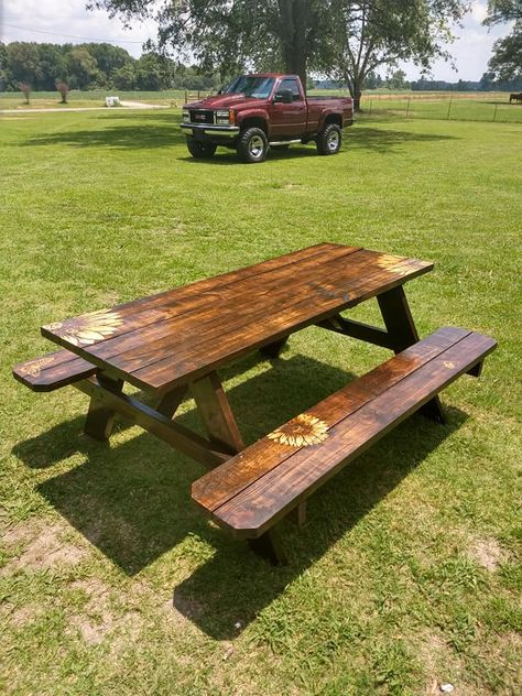 Picnic Table Landscaping, American Flag Picnic Table, Stained Picnic Table, Diy Picnic, Diy Picnic Table, Stained Table, Garden Fun, Bronze Award, Picnic Tables