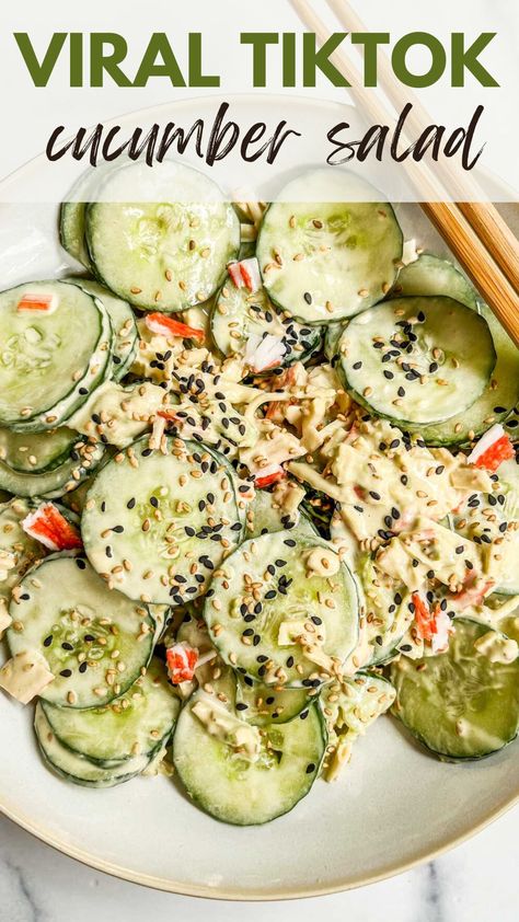 Have you tried the whole cucumber salads going viral on TikTok? This sliced cucumber California roll salad is so worth making!  If you like California rolls, you'll love this easy dish. It's fresh, creamy, crispy, and has lots of great flavor! The Best Cucumber Salad, Big Mac Cucumber Salad, Chopped Cucumber Salad Recipes, Cucumber Pickle Salad, Cucumber California Roll Bowl, Cucumber In A Jar Recipes, Cucumber Kani Salad, Cucumber A Day Recipes, Grinder Cucumber Salad