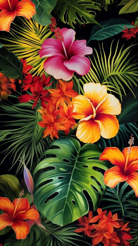 Tropical Flowers Illustration, Rainforest Flowers, Tropical Artwork, Construction Fails, Jungle Mural, Tropical Art Print, Tropical Illustration, Tropical Painting, Tropical Background