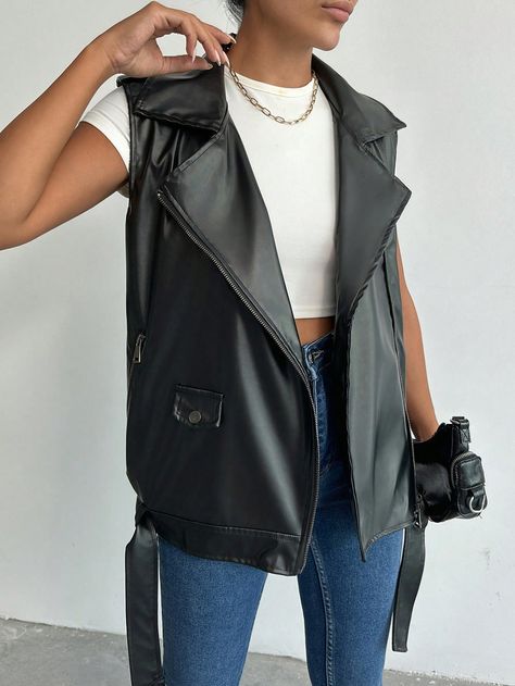 Women's Black Leather Biker Vest Black Casual  Sleeveless PU Leather Plain Biker Non-Stretch  Women Clothing, size features are:Bust: ,Length: ,Sleeve Length: Leather Vest Outfits For Women, Leather Vest Outfit, Vest Outfits For Women, Leather Biker Vest, Damen Outfit, Biker Vest, Hooded Tee, Flare Leg Pants, Headband Styles