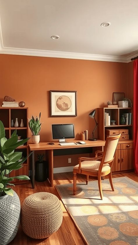 Add charm to your workspace with cozy decor, like candles, desk organizers, and personal touches that reflect your style. Earth Toned Office, Warm Office Decor, Orange Office Design, Terracotta Office, Cozy Therapy Office, Cozy Study Aesthetic, Neutral Office Decor, Minimalist Home Office Ideas, Simple Home Office Ideas