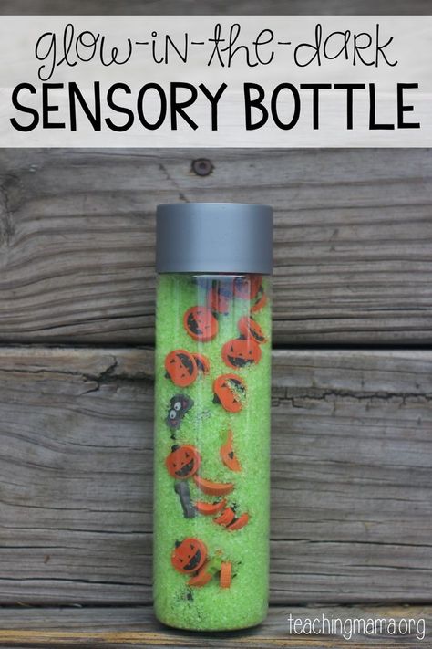 Glow in the dark Halloween sensory bottle                                                                                                                                                                                 More Halloween Lesson Plans, Fall Sensory, Daycare Rooms, Infant Art, Discovery Bottles, Teaching Mama, Glow In The Dark Halloween, Sensory Bottle, Sensory Wall