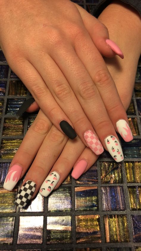 Off the wall claws 🏁🍒🔥 #nailsart #vans #matte #checkered #flame #cherries #claws #nails Checkered Nails, Black Coffin Nails, Acrylic Nails Coffin, Fire Nails, Coffin Nails Designs, Pretty Acrylic Nails, Short Acrylic Nails, Nail Polishes, Best Acrylic Nails