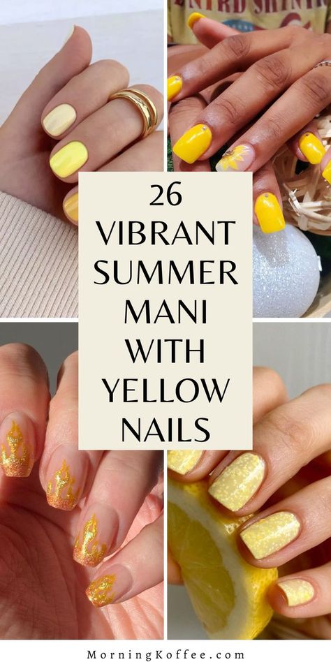 Say goodbye to traditional nail colors and embrace the boldness of yellow for the summer. Show off your courage and cheerful summer mood with these vibrant and daring yellow nail designs. Here are some of the best yellow nail designs to give you that trendy summer look you've been dreaming of. Summer Yellow Nail Designs, Sunny Nails Design, Yellow Nail Ideas Summer, Yellow Nails With Design, Sunshine Nails Design, Yellow Dip Nails, Yellow Manicure Ideas, Soft Yellow Nails, Gel Nails Yellow