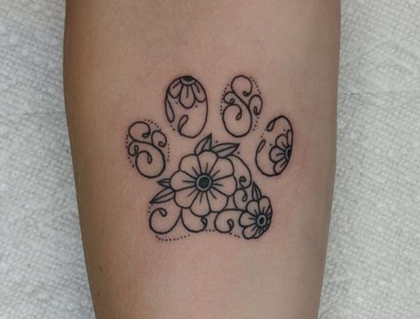 Leopard Paw Print Tattoo, Cherry Blossom Paw Print Tattoo, Whimsical Dog Tattoo, Floral Dog Paw Tattoo, Dog Paw Flower Tattoo, Flower Paw Print Tattoo, Paw Tattoos For Women, Paw Tattoos, Dog Pawprint Tattoo