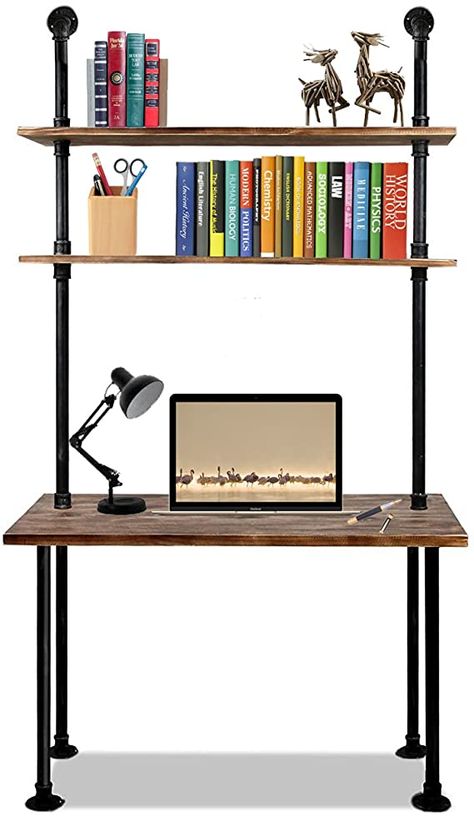 Industrial Pipe Desk, Computer Shelf, Computer Desk Organization, Industrial Style Office, Industrial Computer Desk, Iron Pipe Shelves, Desk With Shelves, Pipe Desk, Wood Computer Desk