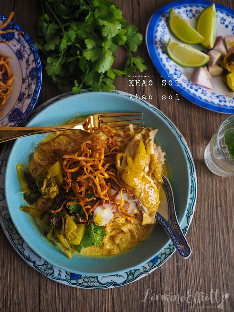 Khao Soi Recipe Authentic @ Not Quite Nigella Khao Soi Recipe, Laksa Soup, Curry Noodle Soup, Curry Laksa, Pickled Mustard Greens, Nigella Lawson Recipes, Deep Fried Tofu, Crispy Noodles, Khao Soi