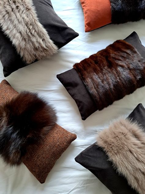 Get the hyyge vibe with these gorgeously tactile fur and velvet cushions #furcushion #interiors Luxury Pillow, Fur Pillows Living Room, Pillow Decor, Leather Home Decor, Faux Fur Cushions On Sofa, Fur Cushions Bedroom, Leather And Fur Pillows, Mongolian Sheepskin Pillow, Luxury Pillows Decorative