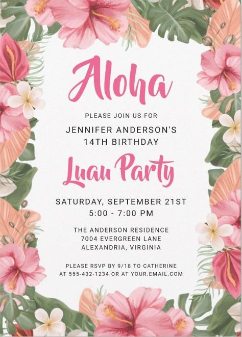 This Aloha luau birthday invitation features a beautiful tropical pink hibiscus flower design with palm leaves and is personalized with your information. Perfect for birthday, graduation, weddings, showers and more! Hibiscus Flower Design, Luau Party Invitations, Luau Birthday Invitations, Pink Hibiscus Flower, Luau Invitations, Luau Birthday, Pink Hibiscus, Hawaiian Party, 14th Birthday