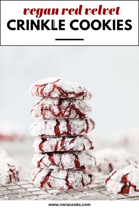 Perfect Red Velvet Crinkle Cookies are easy to make in 1 bowl! With fudgy red centers and a hint of cocoa, it's hard to stop at just one! Vegan Red Velvet, Red Velvet Crinkles, Red Velvet Crinkle Cookies, Nora Cooks, Crackle Cookies, Vegan Christmas Cookies, Vegan Holiday Recipes, Vegan Baking Recipes, Vegan Christmas Recipes