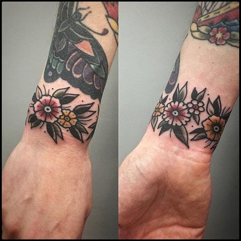 Traditional Tattoo Wrist, Traditional Tattoo Arm, Arm Cuff Tattoo, Wrist Band Tattoo, Cuff Tattoo, Traditional Tattoo Inspiration, Traditional Tattoo Flowers, Flower Wrist Tattoos, Traditional Tattoo Sleeve