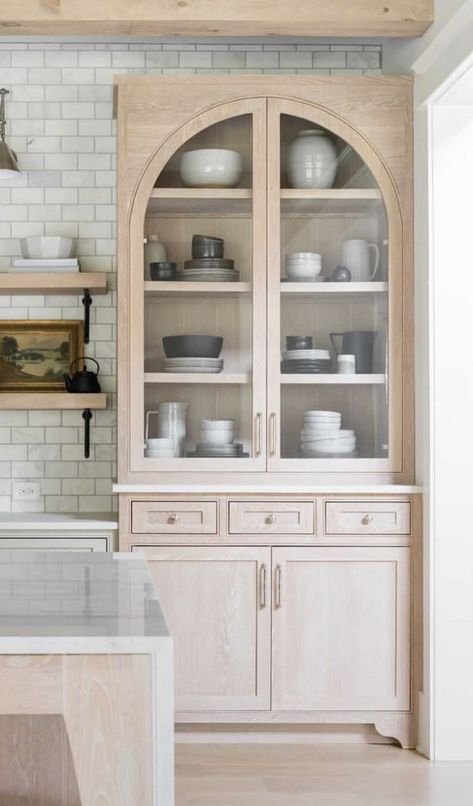 Arched Upper Cabinets, Diy Modern China Cabinet, Arched Glass Cabinet Built In, Built In Glass Display Cabinet Kitchen, Arched Cabinet Kitchen, Kitchen Cabinet Glass Design, Arch Cabinets Kitchen, Arched Built In Cabinet, Arch Kitchen Cabinets