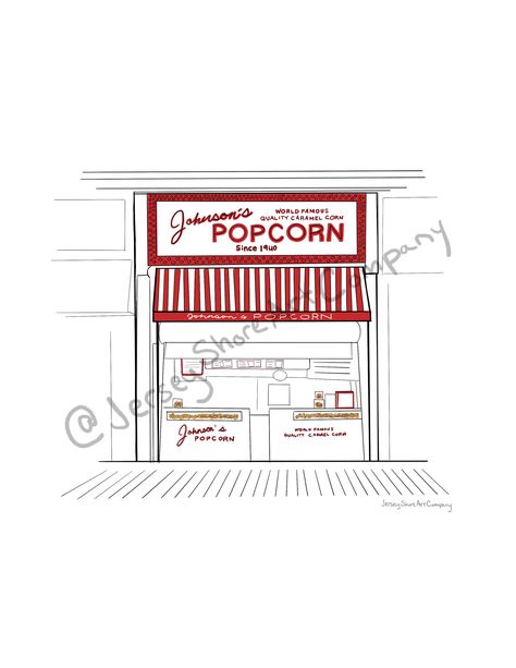 Take home an illustration of the world-famous Johnson's Popcorn! Since 1940, Johnson's Popcorn has been one of the most famous icons of the Ocean City, New Jersey Boardwalk. The aroma of hot caramel tossed over giant kernels of popcorn has lured millions of visitors to Johnson's Popcorn's storefronts that lie beneath the red and white awnings. Jersey Shore Boardwalk, New Jersey Boardwalk, Jersey Boardwalk, Carmel Popcorn, Ocean City New Jersey, Ocean City Nj, Shore House, Jun 2023, Jersey Shore