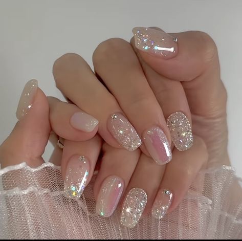 Clear Wedding Nails, Bridal Glitter Nails, Korean Bridal Nails, Fairytale Nail Designs, Chunky Glitter Nails Acrylics, Nail Charm Designs, Gemstone Nails, Nails 2025, Quartz Nails