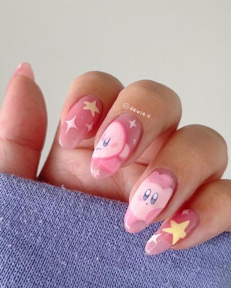 Different Almond Shaped Nails, Kirby Nail Ideas, Sanrio Nails Acrylic Almond, Cute Kirby Nails, Kirby Themed Nails, Kirby Nails Short, Kirby Inspired Nails, Kirby Inspired Outfit, Kawaii Summer Nails