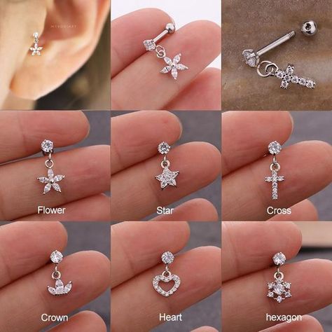 Ear Piercing Studs, Ear Piercing Jewelry, Helix Jewelry, Gold Jewels Design, Ruby Earrings Studs, Cross Heart, Star Cross, Tragus Earrings, Gold Jewelry Simple