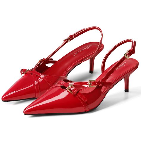 PRICES MAY VARY. 2-1/2" Kitten Heels: Experience elegance with our 2.36 inch low heels, designed to provide just the right lift for all-day comfort Red Heels: Stand out in our stunning red pumps. The vibrant color adds a bold touch to any outfit Slingback Heels: Enjoy breathable comfort with backless slingback pumps. The chic design elastic band ensures a secure fit, ideal for long days and stylish nights Pointed Toe Heels: Enhance your silhouette with our red pointy toe pumps. The sleek design Red Pointed Heels, Red Heels Outfit Classy, Red Heels Outfit, Kitten Heels Outfit, Red Kitten Heels, Pointy Heels, Heeled Pumps, Fall 24, Red Pumps