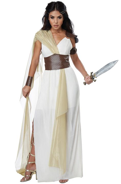 If you're looking to transform into a warrior queen, why not dress as Gorgo, Queen of Sparta. Known for being a daughter of a king of Sparta as well as being the wife to King Leonidas I, she's fierce and glamourous at the same time. Warrior Princess Costume, Greek Toga, Roman Costume, Toga Party, Greek Costume, Warrior Costume, California Costumes, Greek Goddess Costume, Goddess Costume