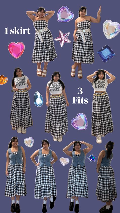 Gingham skirt, denim vest, graphic tee, black loafers, maxi skirt, maxi dress, fashion ideas, ootd, clothing inspo, girly outfit, simple outfits, easy outfit, cute outfit, y2k outfit Gingham Skirt Outfit, Checked Skirt Outfit, Gingham Dress Outfit, Girly Outfit, Outfit Simple, Graphic Tee Outfits, Check Skirt, Gingham Skirt, Maxi Skirt Outfits