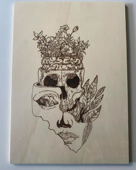 ~ Face meets skull meets brain meets flowers ~ #wood #woodart #pyrography #face #skull #brain #flowers #nofilter Skull With Brain, Brain Flowers, Mask Flower, Instagram Face, Skull Mask, July 31, Pyrography, Flower Drawing, Wood Art