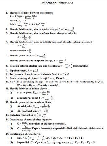 All Physics Formulas, Physics Revision, Past Questions, 12th Exam, Physics Formulas, Physics Notes, Chapter Summary, Reading Help, Electric Field