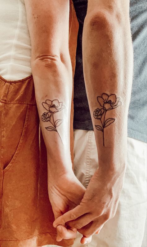 floral tattoos, forearm tattoos, matching tattoos Matching Forearm Tattoos, Husband And Wife Tattoos, Husband Name Tattoos, Husband Wife Tattoos, Wife Tattoos, Wife Tattoo, Cat Tattoo Simple, Tattoo Simple, Birth Flower Tattoos