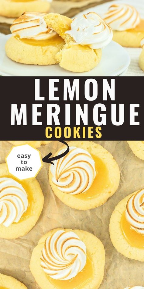 These easy lemon meringue cookies are tart, tangy and sweet.  Learning how to make lemon meringue pie cookies can be pretty simple if you follow this simple recipe.  With a chewy, thick cookie based filled with lemon filling and topped with toasted meringue. Lemon Meringue Pie Cookies, Merangue Recipe Cookies Lemon, Lemon Meringue Marshmallow, Muffin Tin Lemon Meringue Pies, Lemon Meringue Pie Biscuit Base, Lemon Meringue Cookies, Lemon Desserts Easy, Lemon Cake Mixes, Lemon Filling