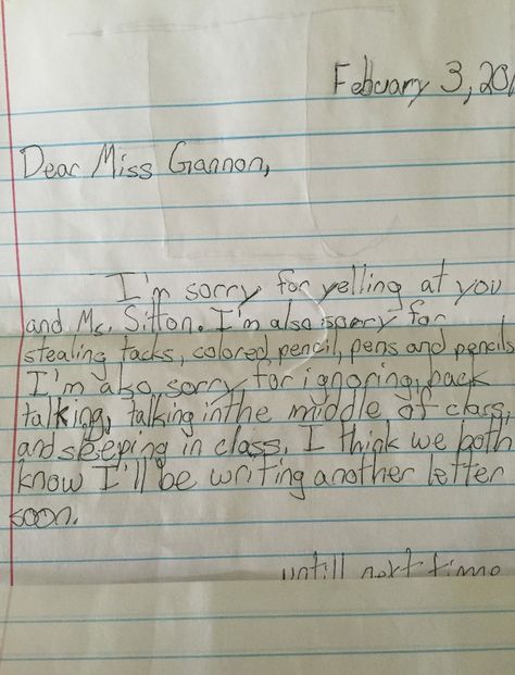 Greatest apology letter to their teacher (my cousin Carrie, btw...) from a very self aware young person. Apology Letter To Teacher, Apology Letter, Letter To Teacher, Teacher Notes, My Cousin, Quick Saves