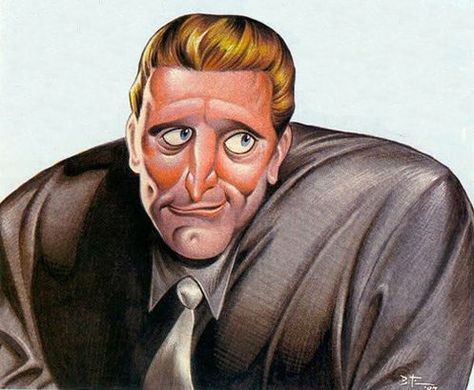 Kirk Douglas, drawn by John Kricfalusi and colored by Bruce Timm. John Kricfalusi, Culture People, Tex Avery, Kirk Douglas, Bruce Timm, Frank Miller, Funny Caricatures, Celebrity Caricatures, Film Stars