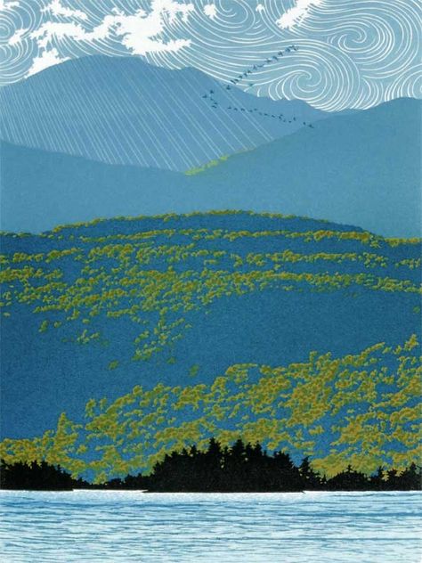 “MIGRATION” 7 LINOCUT PRINT, 12” X 9” by William H. Hays Migrating Birds, Woodcuts Prints, Artful Home, Arte Inspo, Woodblock Print, Linocut Prints, Linoleum, Mountain Landscape, Art Abstrait