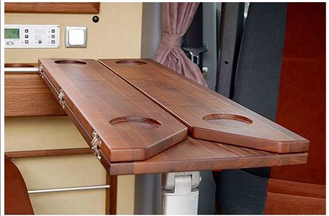 Clever folding table in Mercedes Sprinter camper van from CS Independent. Skills Everyone Should Know, Vw Buzz, Camper Table, Mercedes Sprinter Camper Van, Camper Furniture, Mercedes Sprinter Camper, Kombi Motorhome, Fold Out Table, Cargo Trailer Camper