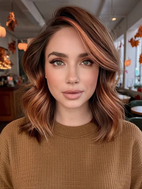 31 Magnificent Fall Highlights for Brunettes to Rock in 2024 Subtle Fall Hair Color For Brunettes, Fall Hair Color For Latinas, Hair Colour Short Hair Brown, Warm Red Highlights In Brown Hair, Autumn Bob Hair Colour, Honey Almond Hair Color, Warm Fall Highlights, Autumn Hair Short, Highlights In Brown Hair Short