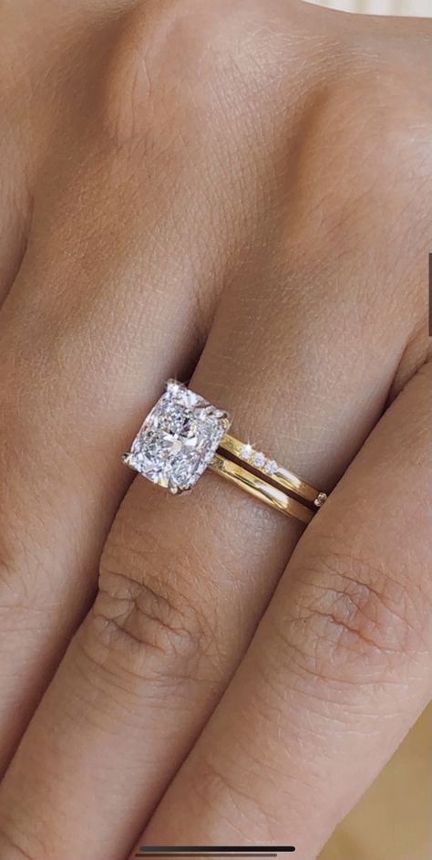 Gold Radiant Engagement Ring With Wedding Band, Wedding Bands With Elongated Cushion, Wedding Bands For Elongated Cushion, Elongated Cushion Cut Engagement Ring With Wedding Band, Radiant Cut Engagement Ring With Wedding Band, Elongated Cushion Wedding Set, Radiant Solitaire With Wedding Band, Elongated Cushion Cut With Wedding Band, Elongated Cushion Engagement Ring With Wedding Band Set