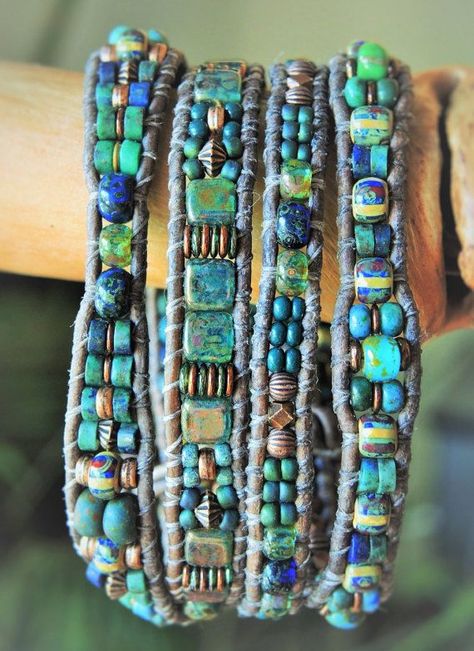 TEAL Colored GLASSES 4 Wrap natural Gray by BraceletsofBlueRidge Teal Tiles, Wrap Armband, Beaded Leather Wraps, Beaded Leather Bracelet, Colored Glasses, Beads Bracelet Design, Beaded Wrap Bracelets, Wrap Bracelets, Bracelet Blue