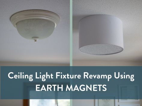 Embracing Simplicity: DIY Ceiling Light Fixture Revamp Using EARTH MAGNETS and a Barrel Shade | Curbly | Bloglovin’ Light Fixture Makeover Diy, Temporary Apartment Upgrades, Renters Friendly Decorating, Diy Booblight Update, Apartment Upgrades For Renters, Diy Ceiling Light Cover, Diy Ceiling Light, Rental Upgrades, Rental Hacks