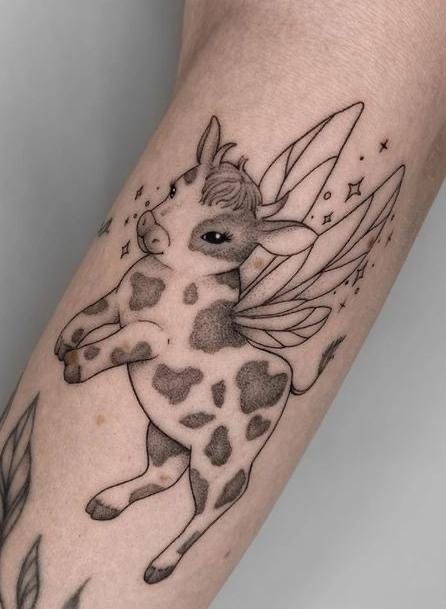 Angel Cow Tattoo, Cow With Fairy Wings Tattoo, Animal With Wings Tattoo, Cute Bull Tattoo, Fairy Cow Tattoo, Baby Cow Tattoo, Cute Cow Tattoo, Cow Tattoos, Fairy Wing Tattoos