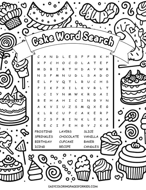 Black and white cake-themed word search puzzle featuring terms like "candles," "chocolate," "birthday," and "sprinkles," surrounded by illustrations of cupcakes, lollipops, and cakes. Ideal for kids’ activities and educational fun. Wordsearches For Kids Free Printable, Easy Word Search For Kids, Birthday Worksheet, Cupcake Themes, Birthday Word Search, Easy Coloring Pages For Kids, Printable Birthday Games, Indoor Party Games, Cake Coloring