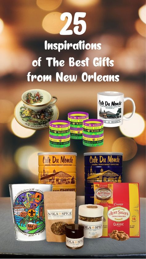 New Orleans has a long list of things to bring home as souvenirs and gifts. If you are currently looking for the most iconic gifts from New Orleans, check out 25 gift ideas for you to start with. #giftsfromneworleans #bestgiftsfromneworleans #neworleans #neworleansaesthetic #neworleansthingstodoin #neworleansoutfit New Orleans Gift Basket, New Orleans Souvenirs, Cafe Du Monde Coffee, New Orleans Pralines, 25 Gift Ideas, New Orleans Decor, Mardi Gras Party Decorations, Food Wedding Favors, Louisiana Style