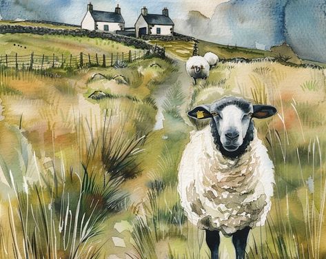 Woodstock Landscape Watercolor Painting Vermont Art Print Countryside Artwork Wall Art Print by Feelingprints - Etsy Irish Landscape Painting, Irish Watercolor, Modern Irish House, Irish Folk Art, Sheep Watercolor, Sheep Grazing, Landscape Watercolour, Irish Houses, Sheep Paintings