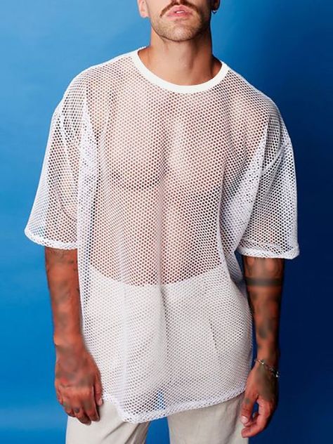 The child size are quite small perhaps for children no more than 6-7 years old Men’s Mesh Shirt, Queer Fashion Guys, Gay Club Outfit, White Mesh Shirt, Queer Clothes, Mens Crop Top, Trendy Shirt Designs, White Shirt Men, Gay Fashion