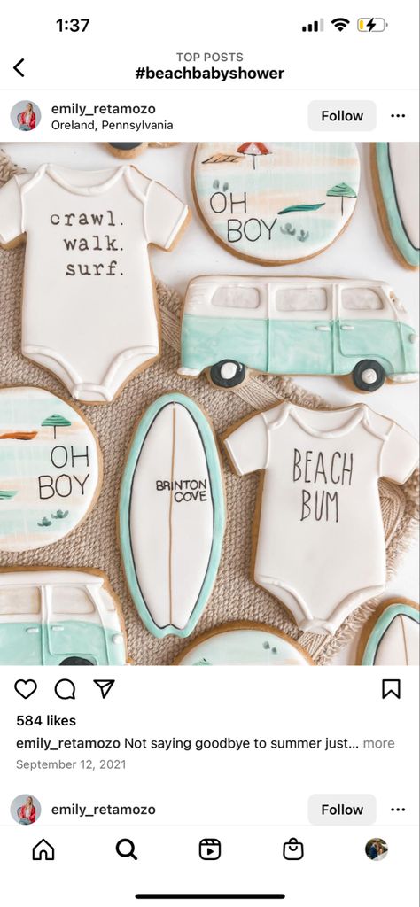 Surfing First Birthday Party, The Big One Surf Birthday Party, Surfer Theme Baby Shower Ideas, Surfer Girl Baby Shower Ideas, Baby On Board Surf Theme, Baby Shower Surf Theme, Surfs Up Baby Shower Theme, Surfer Boy Baby Shower Ideas, Baby On Board Cookies