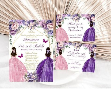 Twins Quinceañera Invitation Template Editable, Sweet 16, Mis Quince XV Purple Mauve Pink Floral Digital Invite 15th Princess Butterfly Card - Etsy Romania Twins Quinceanera Ideas, Twins Quinceanera, Purple Quince, Quinceañera Invitation, Quinceanera Invitation, Quinceanera Themes, Butterfly Card, Purple Mauve, Photo Website